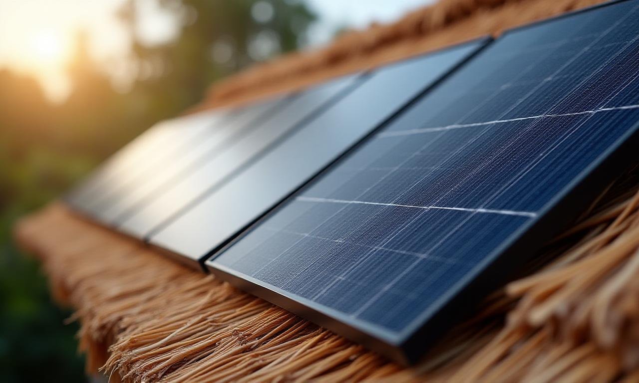 Close-up of solar panels integrated into traditional Filipino thatched roof architecture
